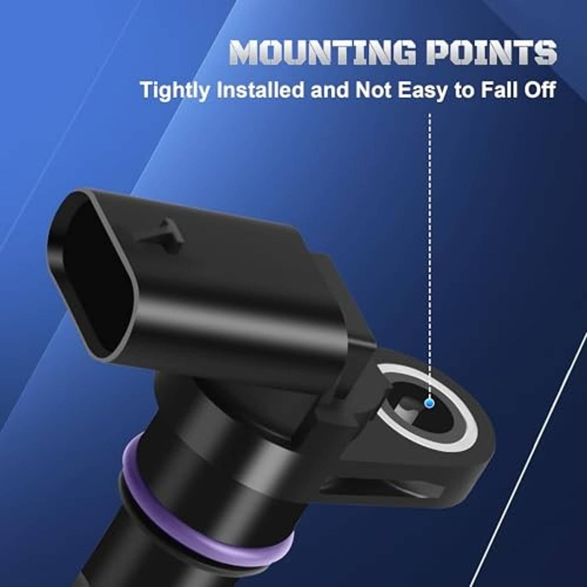 Black camshaft sensor with mounting base and purple sealing ring