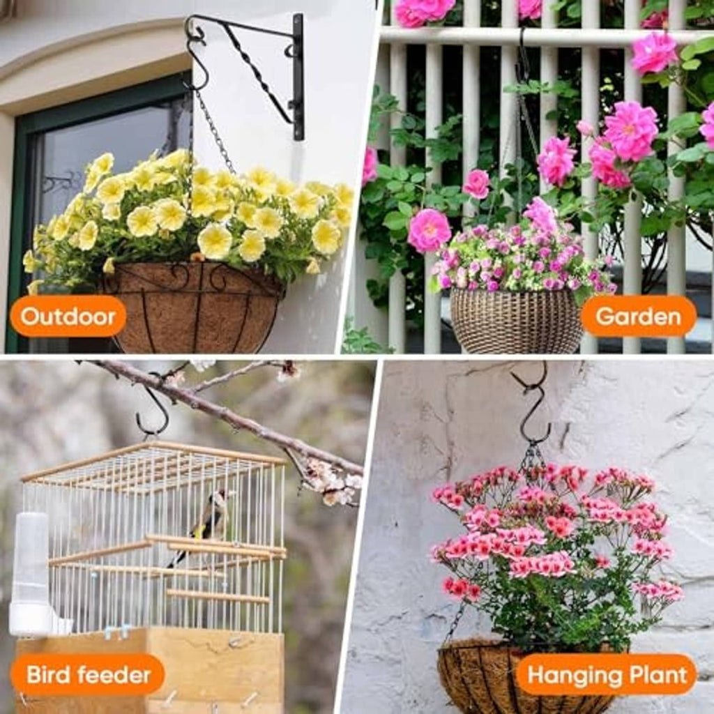 Black S hooks for outdoor hanging, curved hooks shown with bird feeder and planters