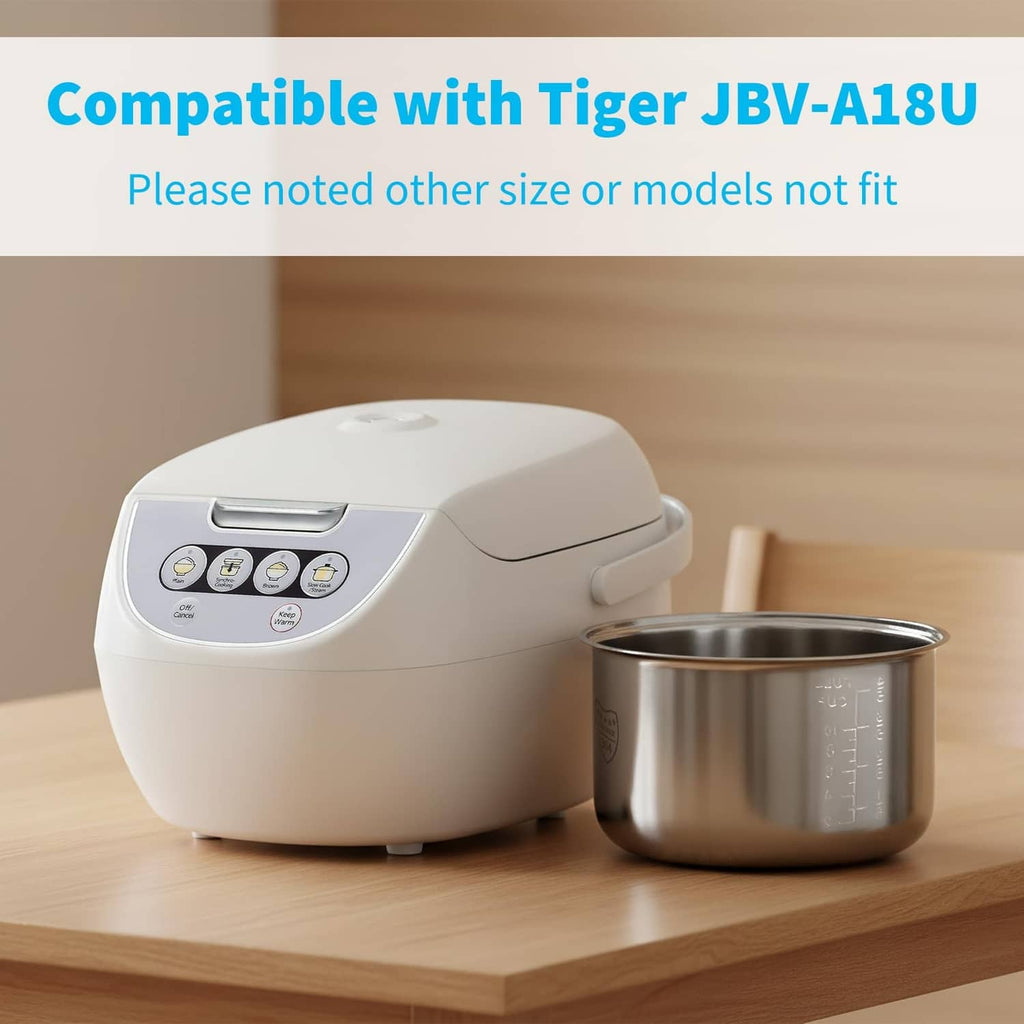 Stainless steel inner pot next to white rice cooker base for Tiger compatibility