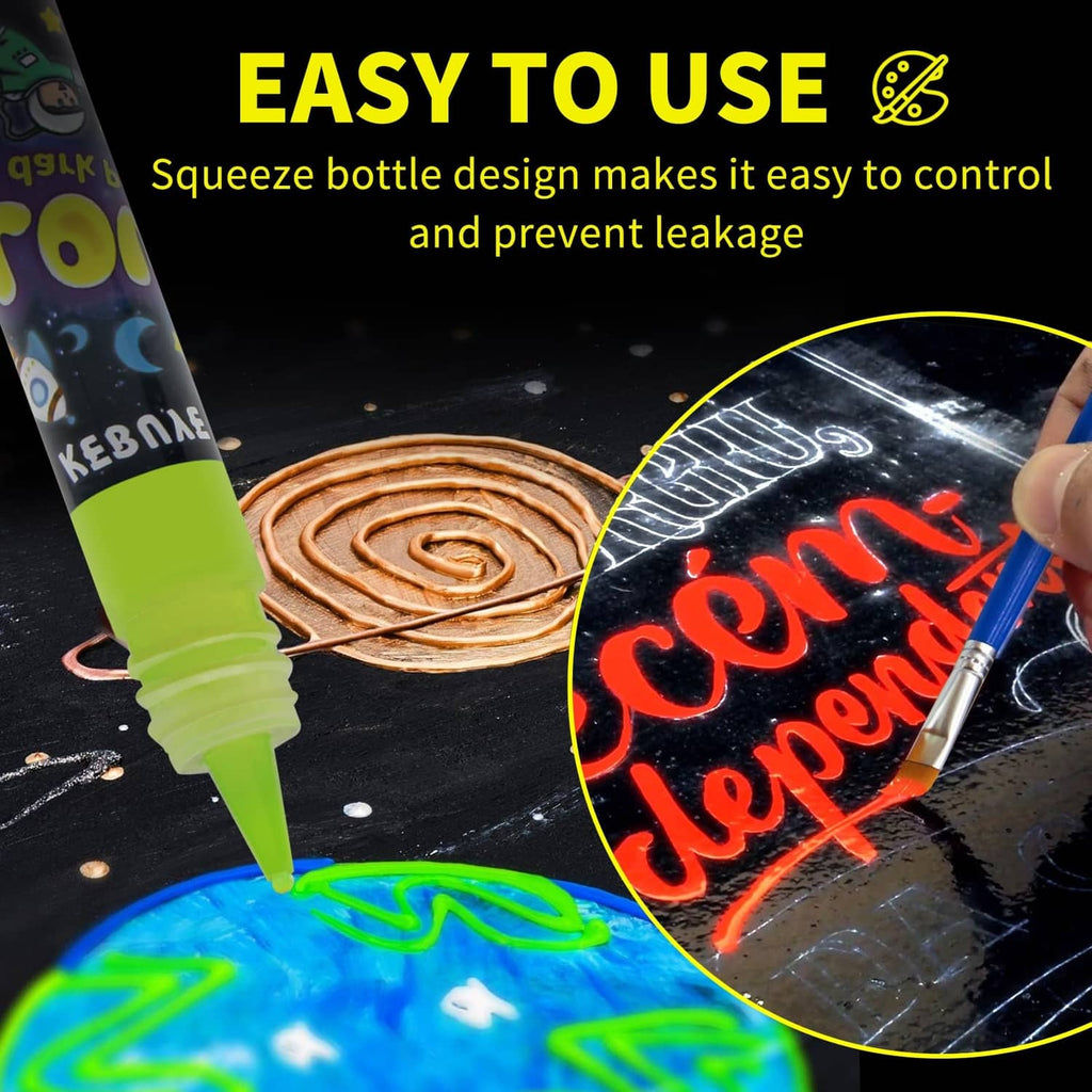 Glow acrylic paint squeeze bottles with colored tips and glowing red scribble on surface