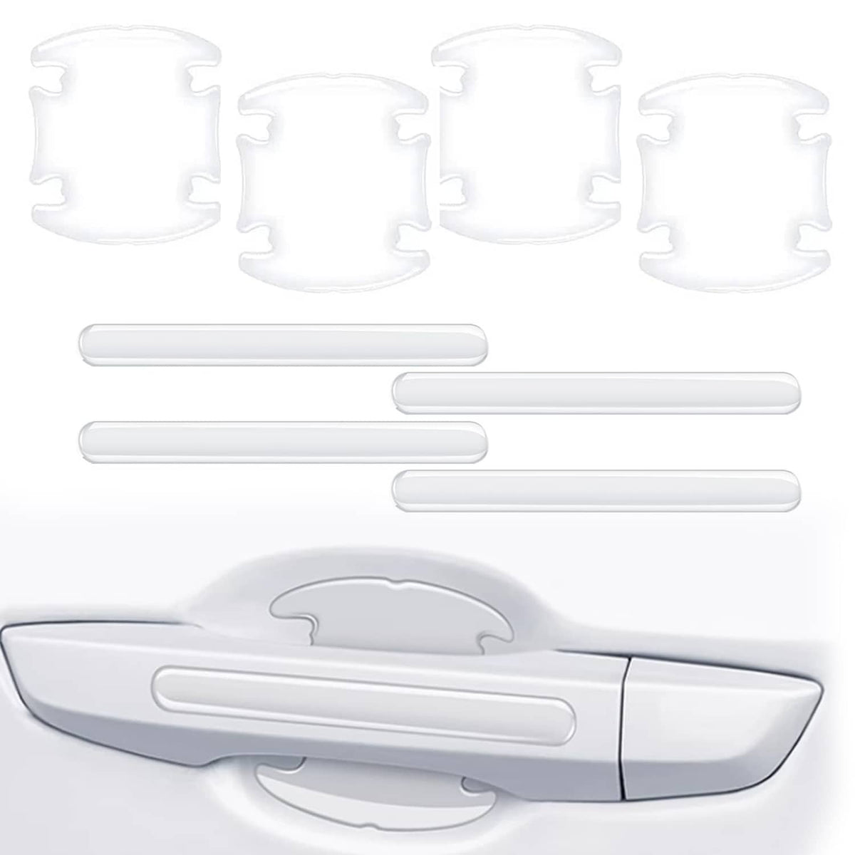 Clear 3D door handle scratch protector set with molded pieces and handle covers