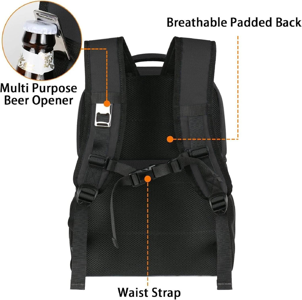 Black insulated cooler backpack with padded back straps, waist strap, and front pockets.