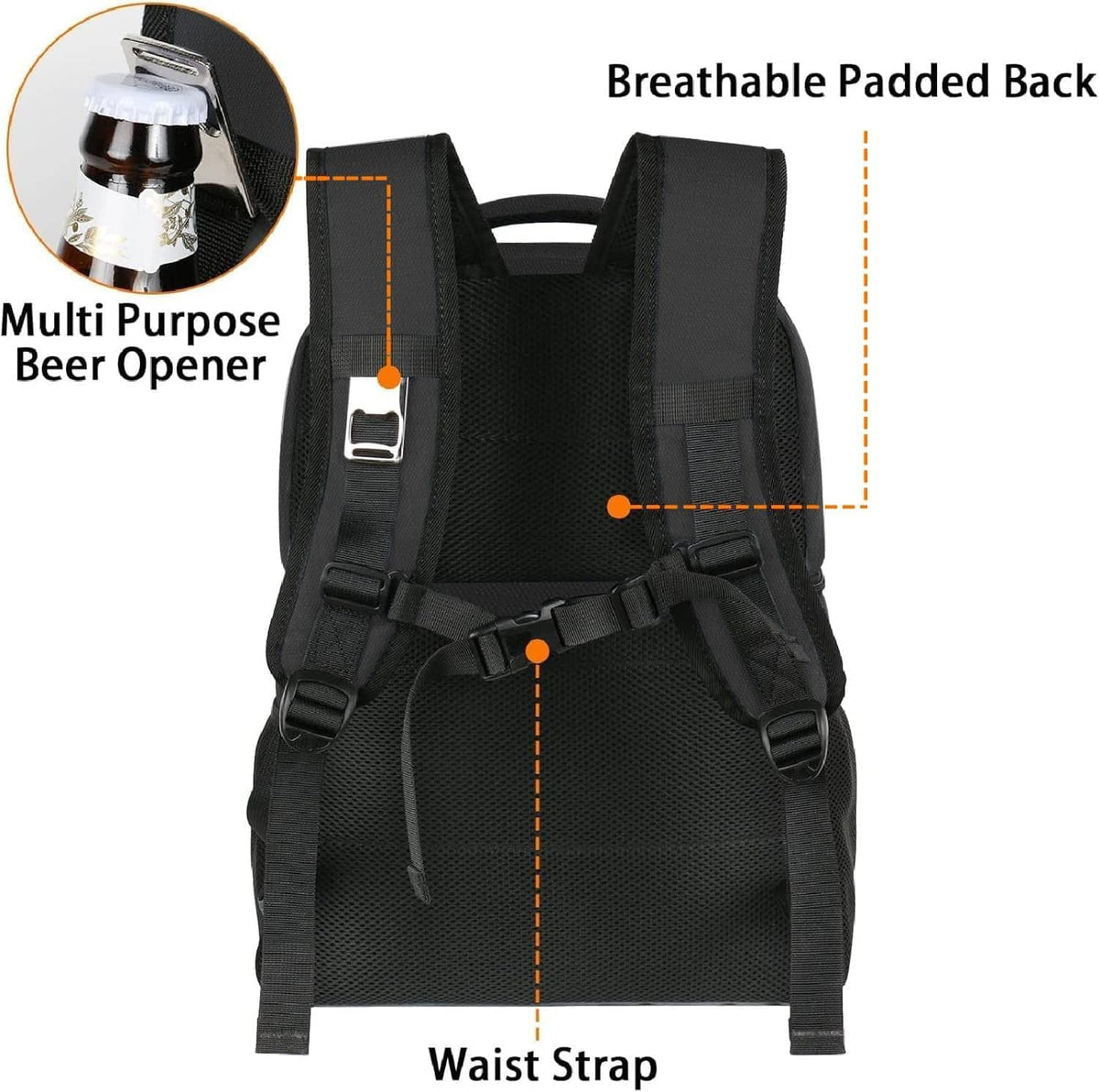 Black insulated cooler backpack with padded back straps, waist strap, and front pockets.