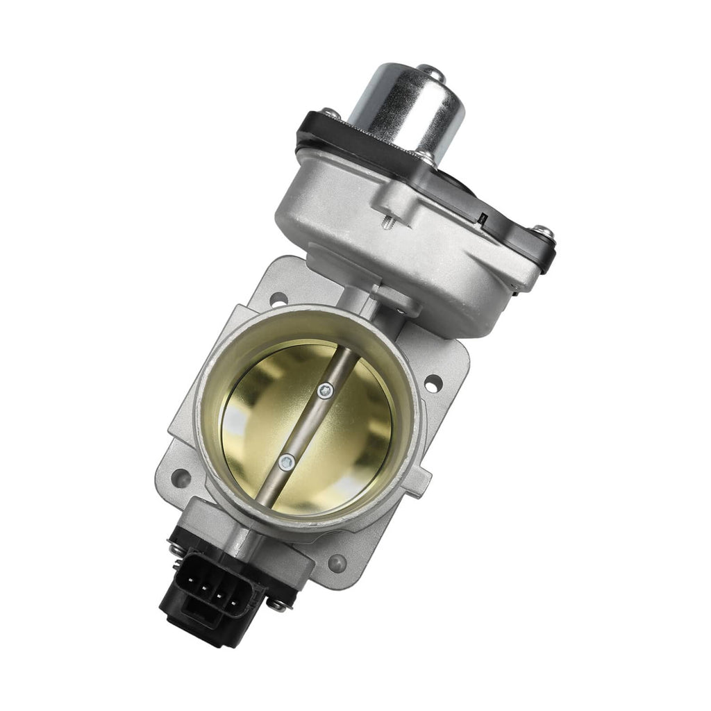 Throttle body assembly with silver housing, round gold throttle bore, and electrical connector