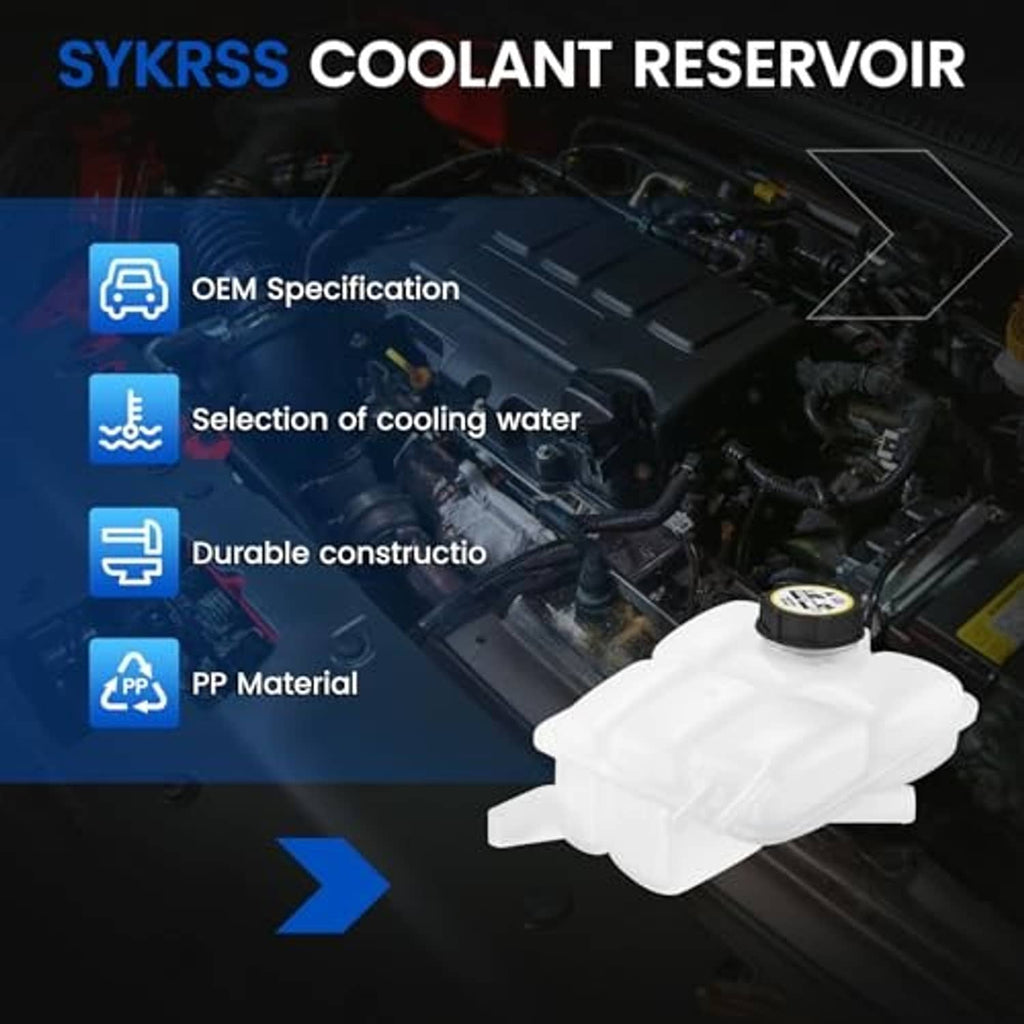 Coolant reservoir with PP material icon and durable construction callouts