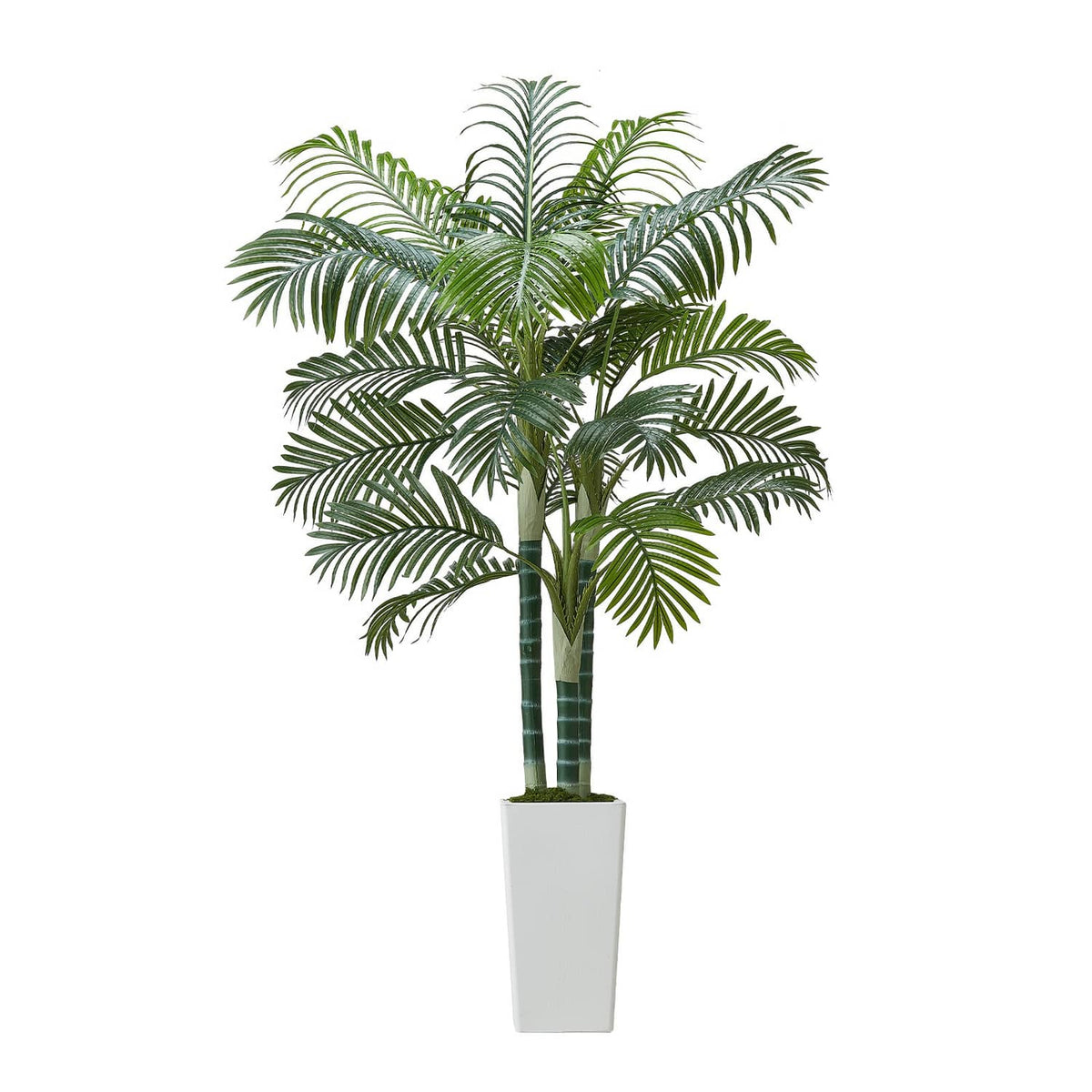 Faux areca palm tree with green leaf fronds and white rectangular pot