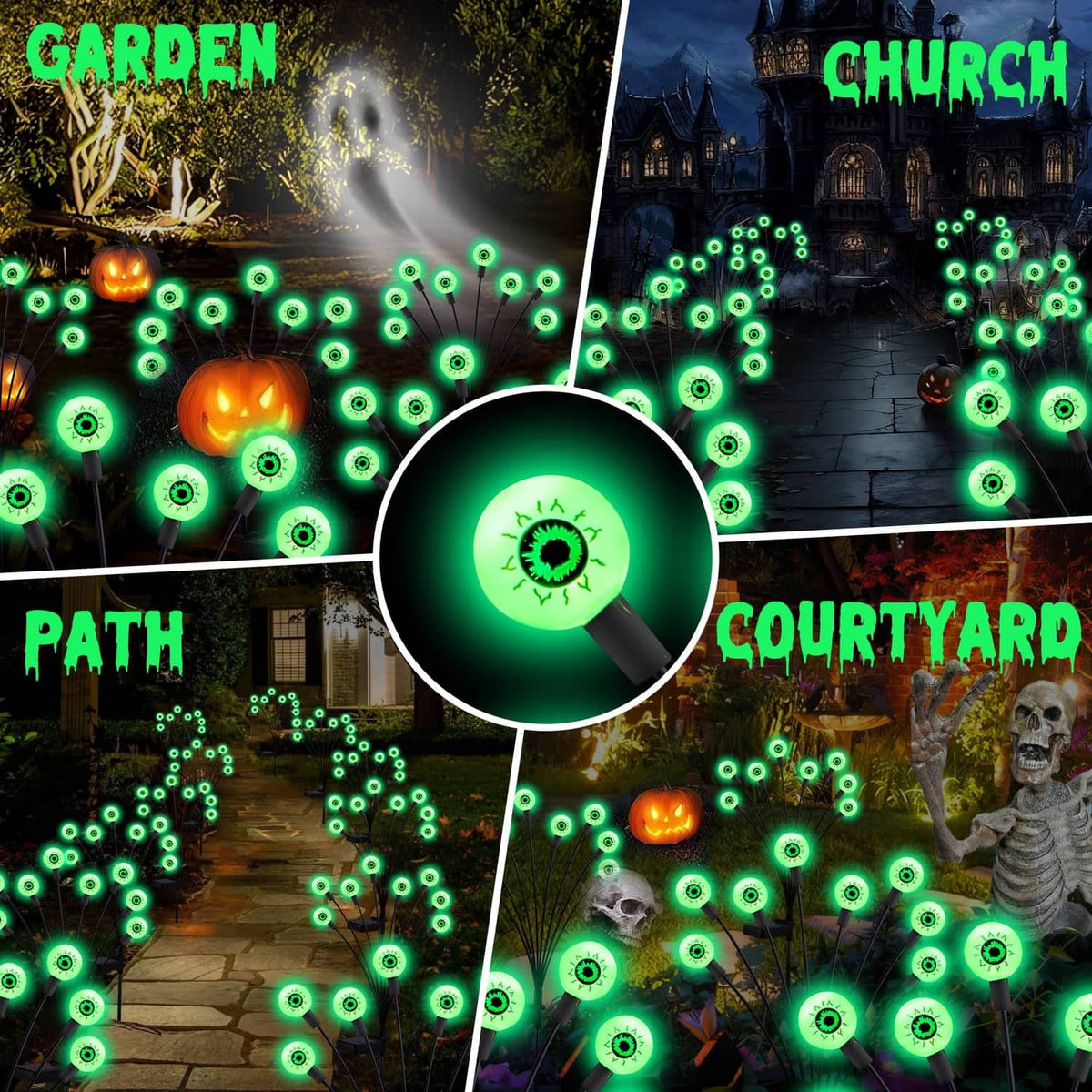 Solar Halloween stake lights with glowing green 32 LEDs along a garden path