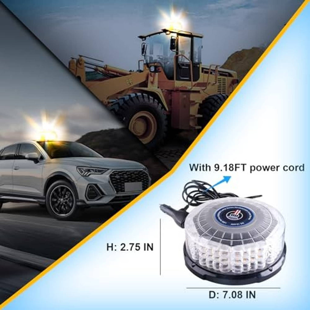 Amber-white beacon strobe light with long power cord and height/diameter size reference