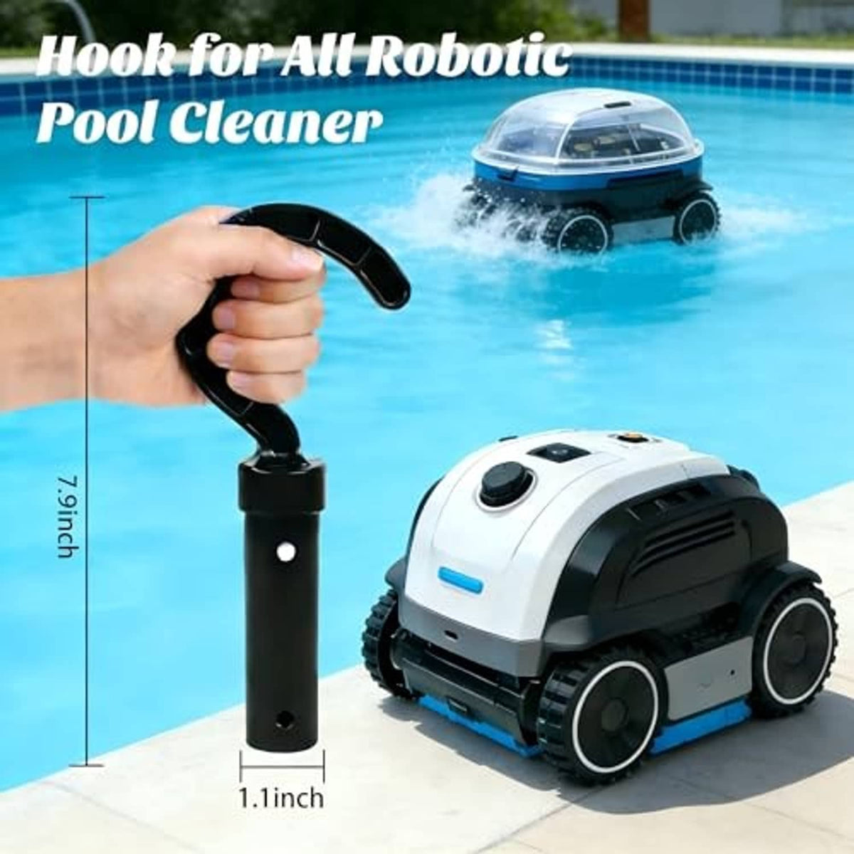 Black pool cleaner hook held in hand above a robotic pool cleaner