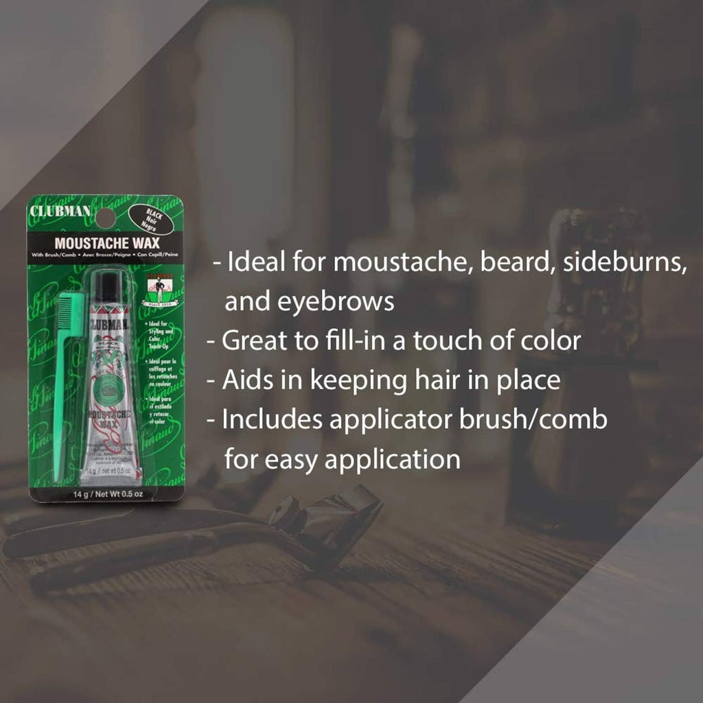 Black mustache wax tube with applicator, 0.5 oz, shown on product card