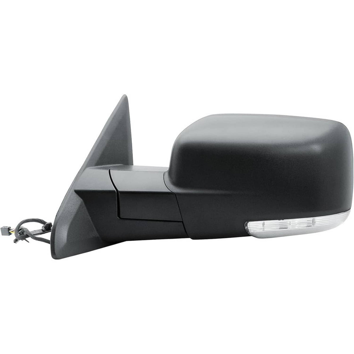 Left driver-side mirror with white turn-signal lens and glossy black cover