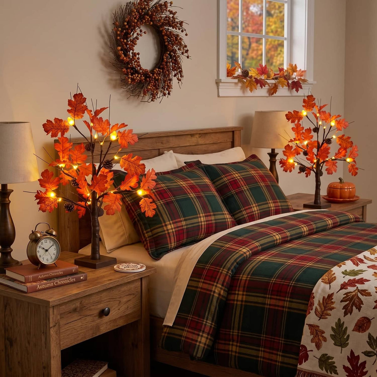 Lighted fall acorn tree decorations with orange leaf lights beside a plaid bed
