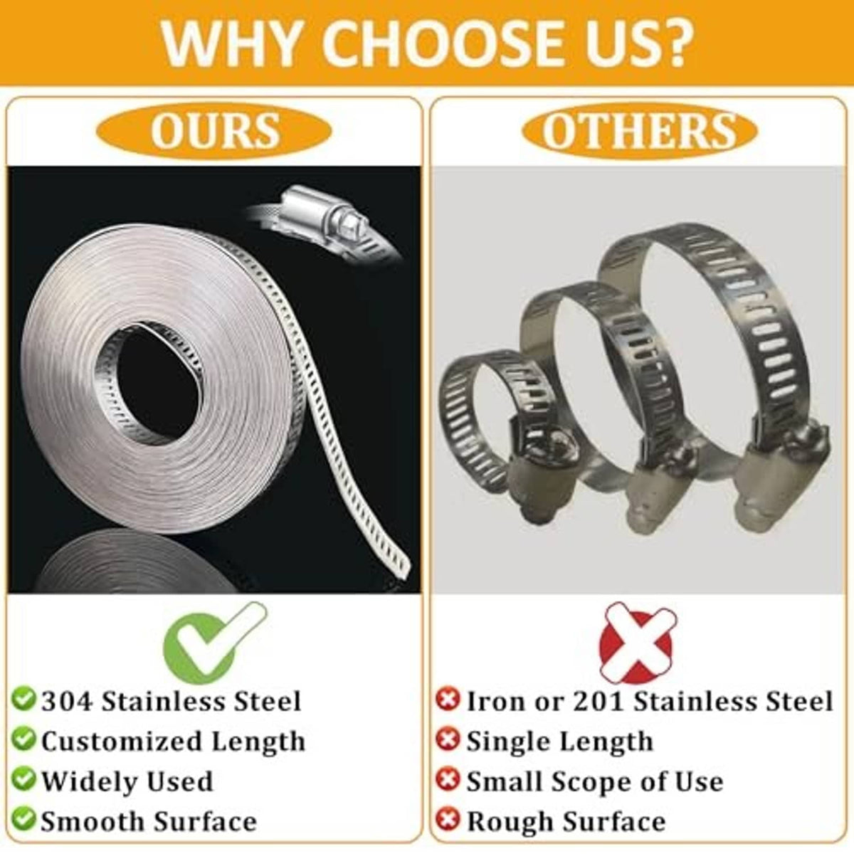Set of stainless steel worm gear hose clamps with smooth band and screw housing