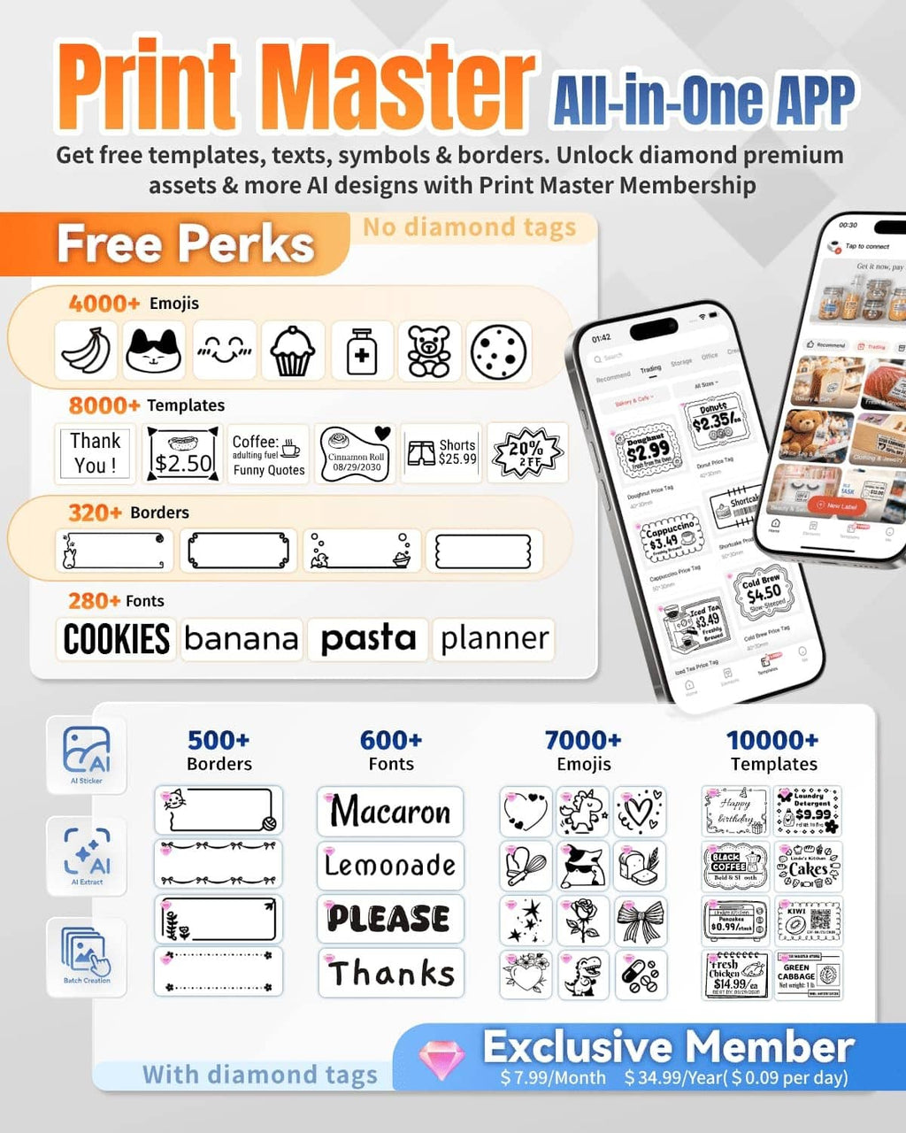 Label maker app interface showing templates, text styles, icons, and borders