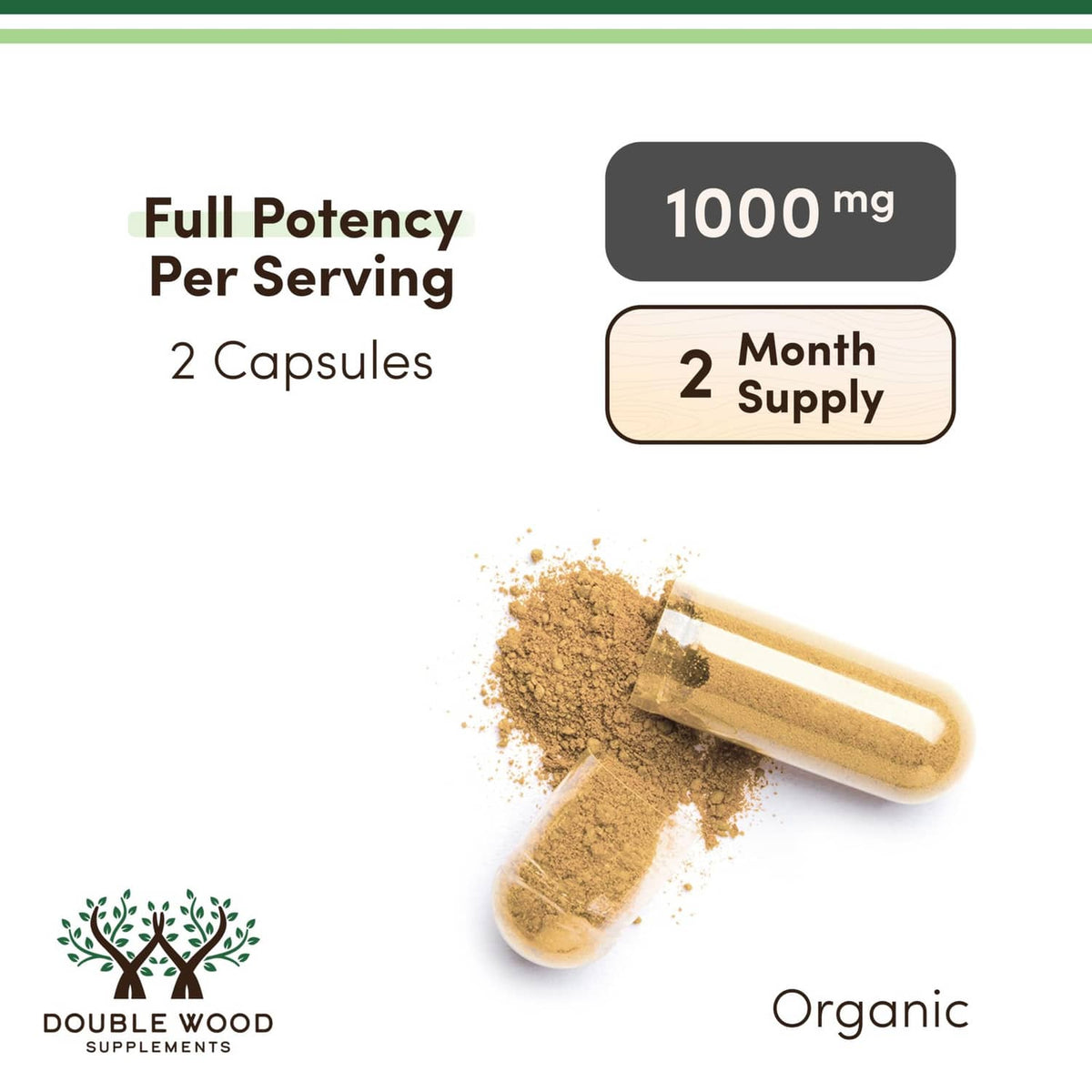 Organic Lion's Mane mushroom capsules with loose powder and 1000 mg per serving