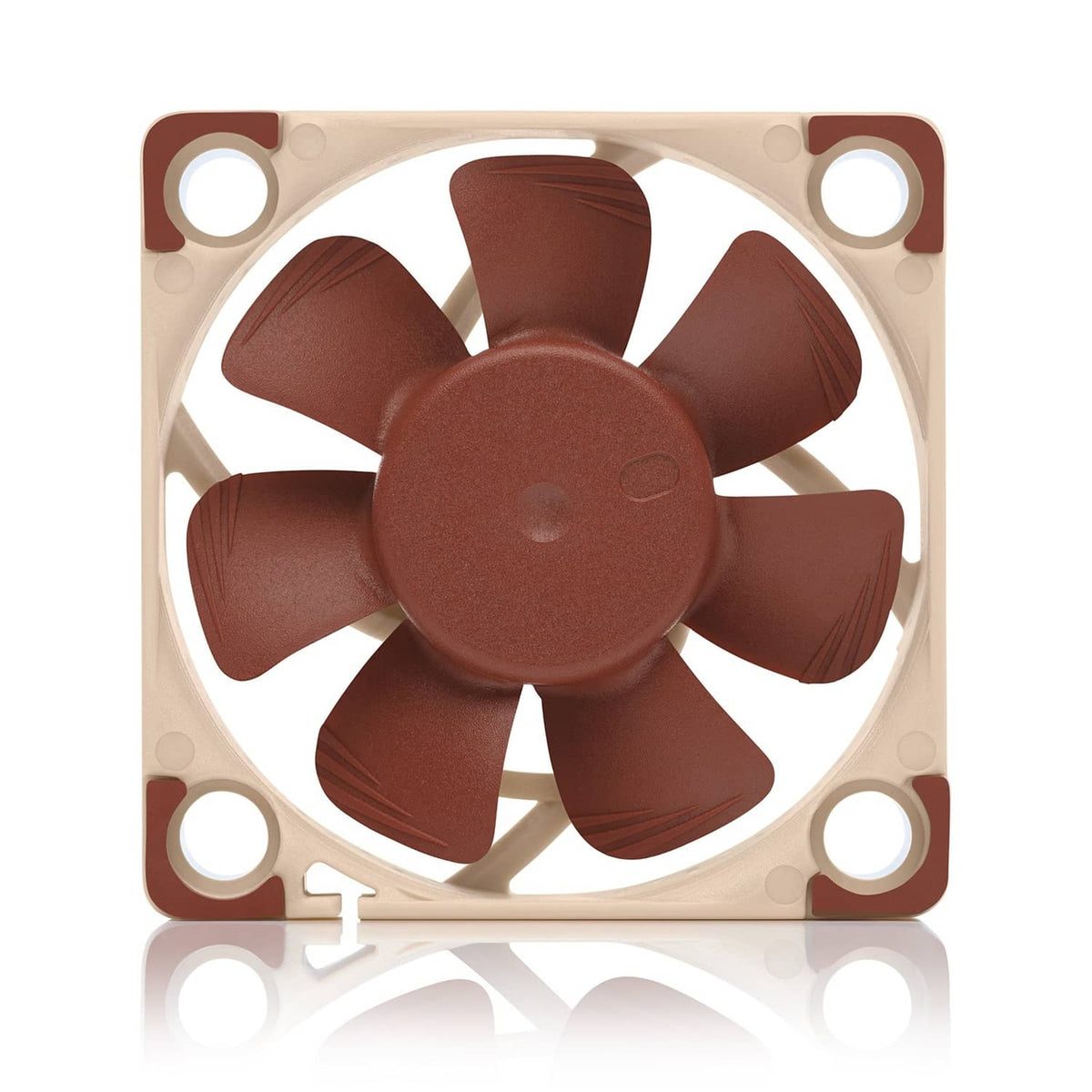 Brown PC case fan with cream frame and four thick blades, front view