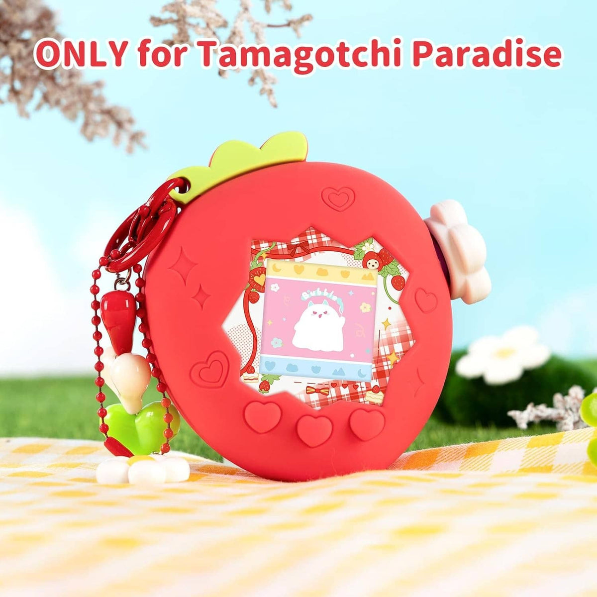 Red soft TPU bubble case with heart details, floral screen window, and hanging chain