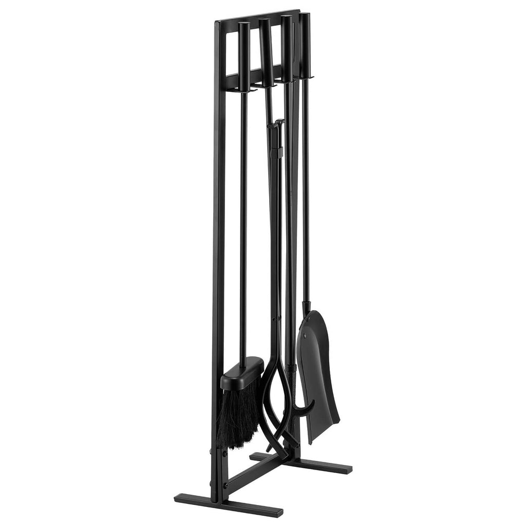 Black fireplace tool set on square stand with four tools: tongs, shovel, brush, poker