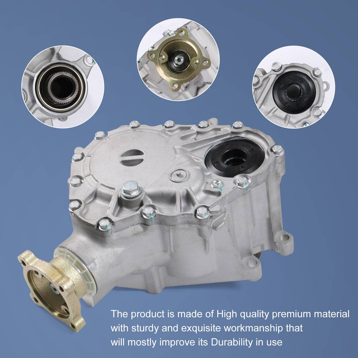 Transfer case assembly with input opening and three circular end covers, silver aluminum