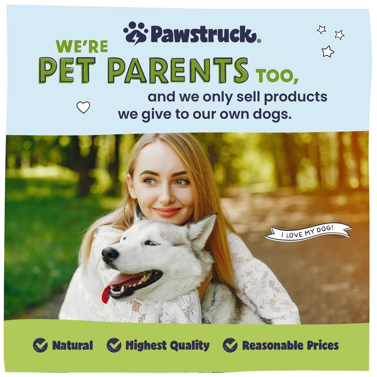 Pet parent promo card featuring woman holding a white dog