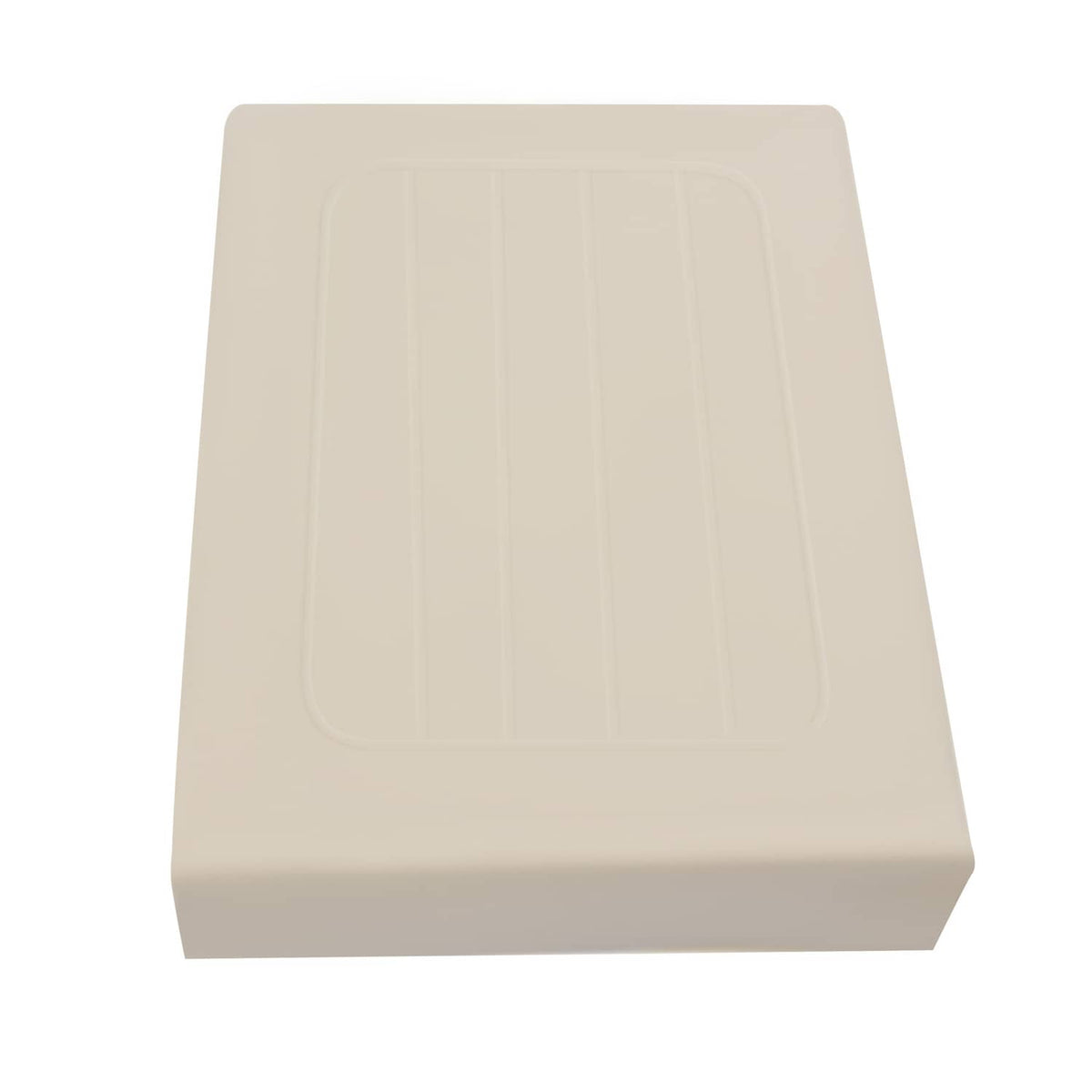 Light beige seat back cover end view with vertical panel grooves in relief