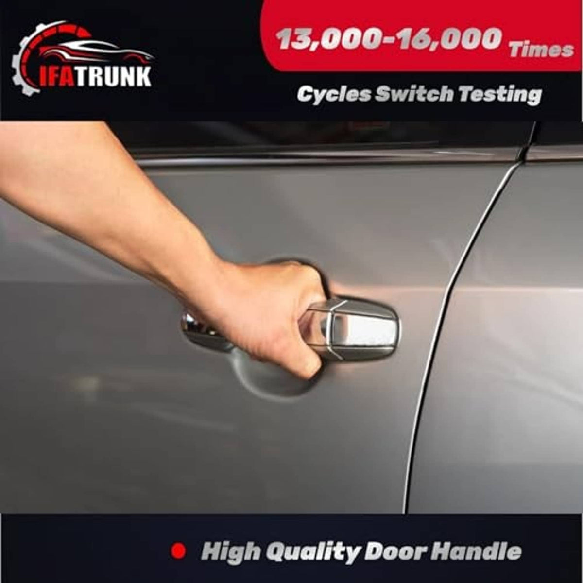 Black exterior door handle pulled by hand on car door