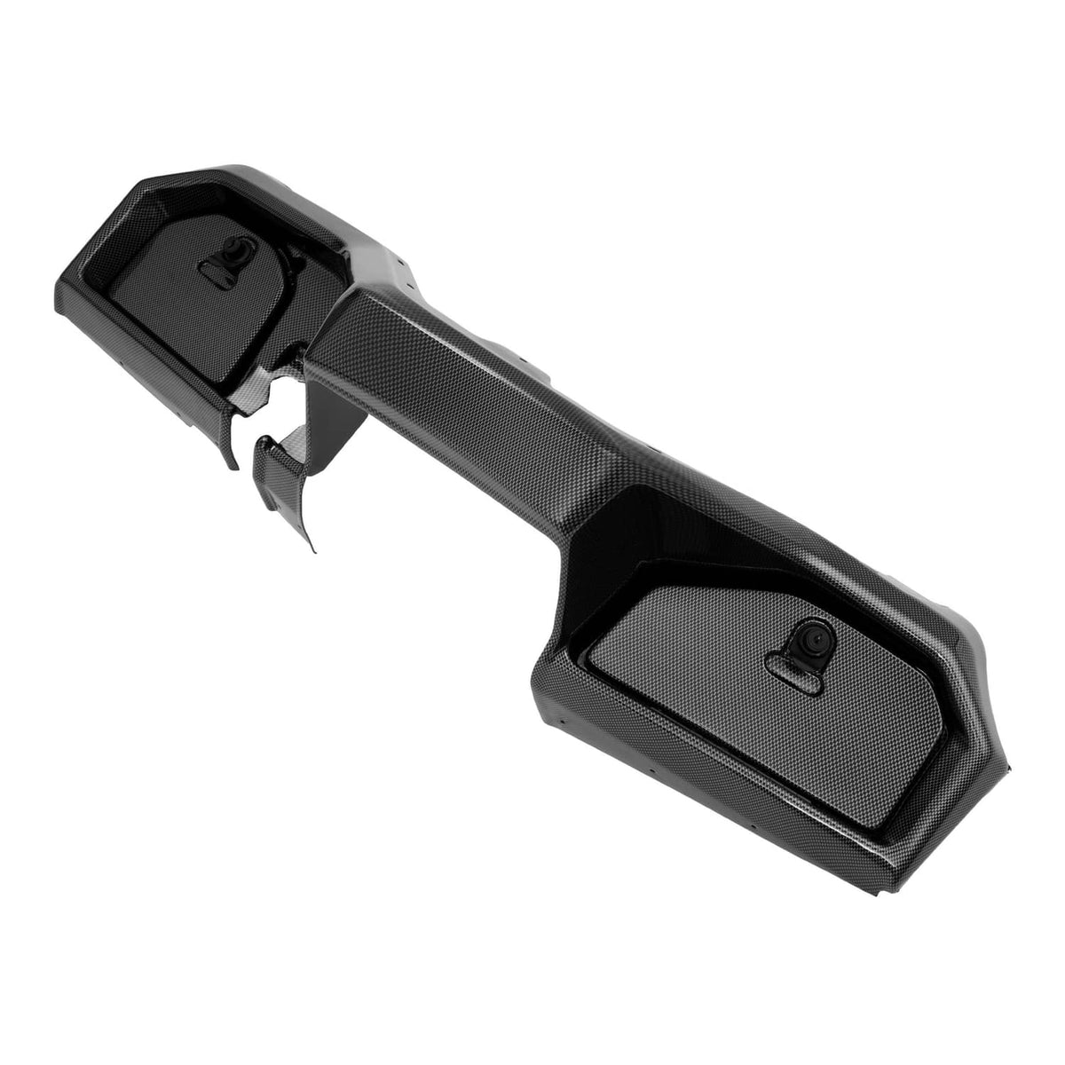 Dark carbon fiber-style dash cover with key opening and rectangular lower storage panel