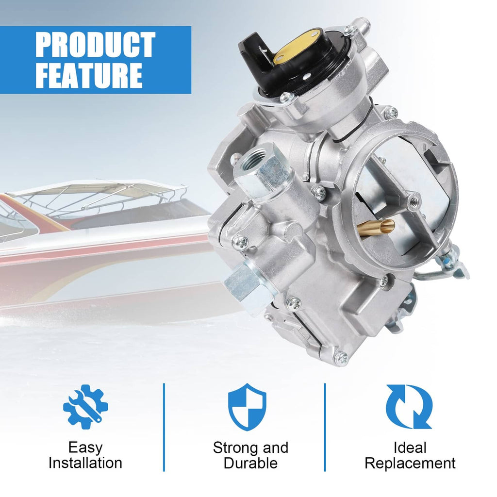 Marine carburetor feature view with mounted air horn and round intake—silver metal body.