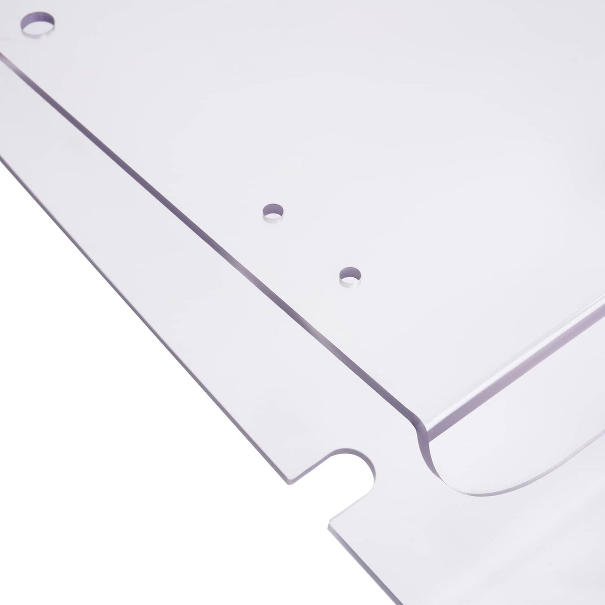 Clear windshield panel edge with purple trim and curved mounting cutout