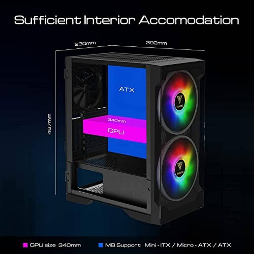 Black ATX mid-tower PC case with two RGB ARGB fans and GPU space diagram