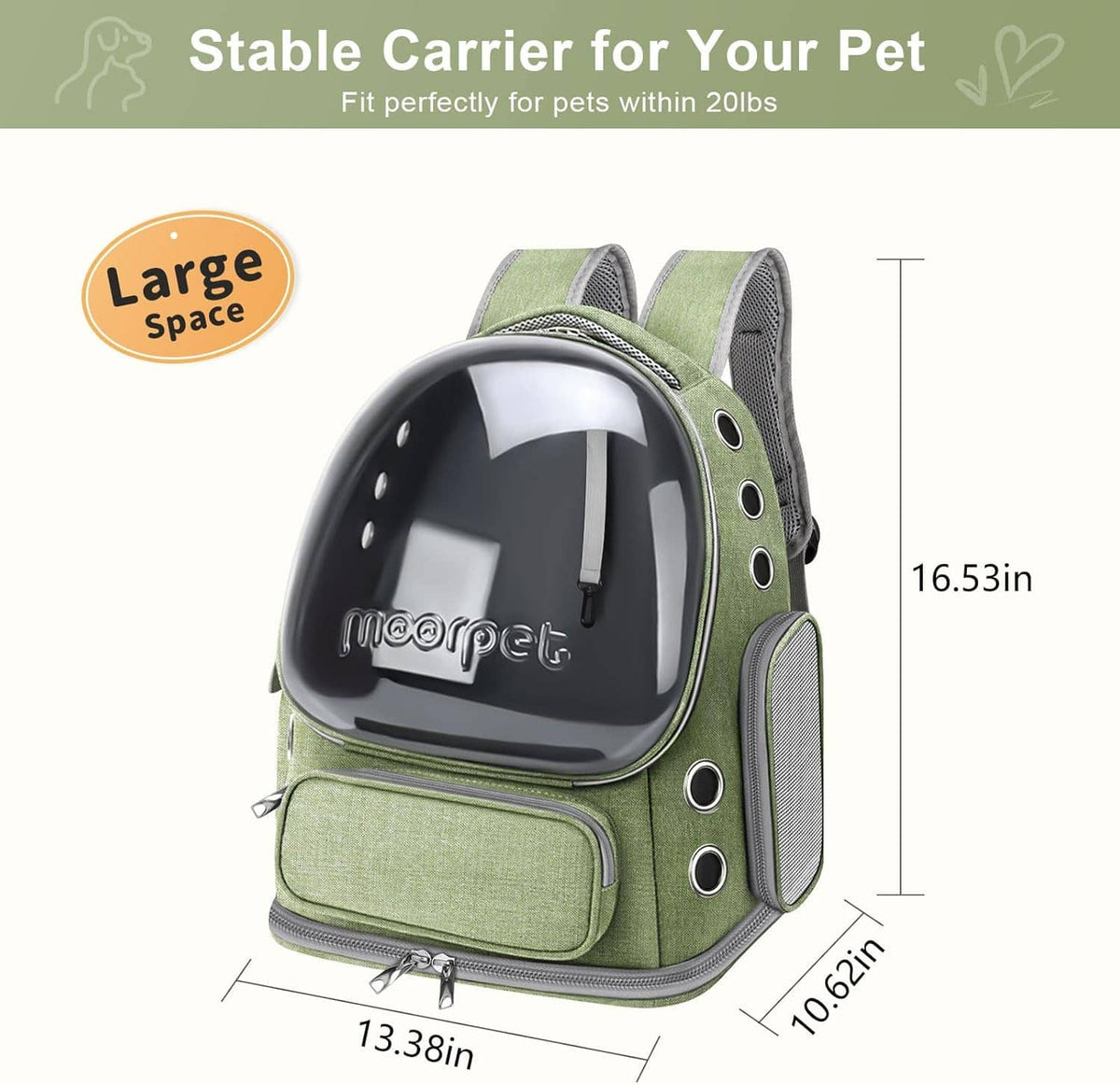 Large green cat bubble backpack carrier with clear dome window and front zip pocket