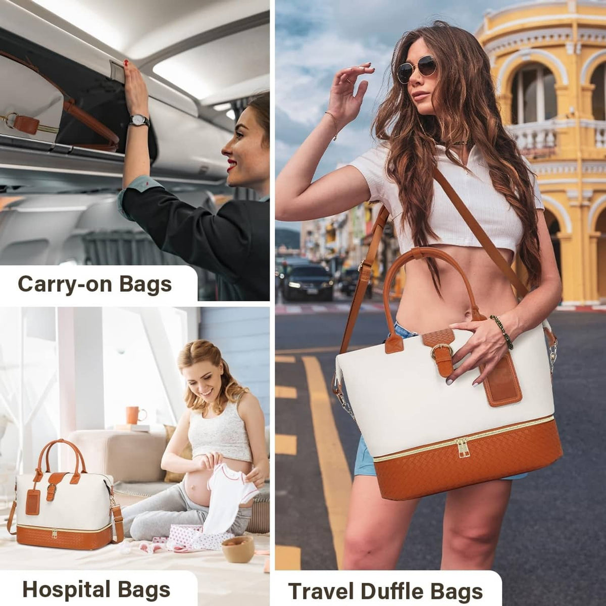 White and brown duffel bag worn on shoulder by traveler for weekend carry-on.