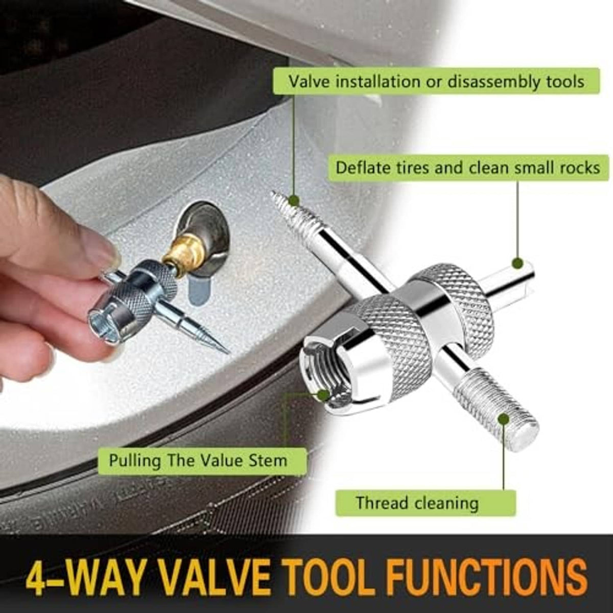 Four-way tire valve installation and disassembly tool with knurled metal handle