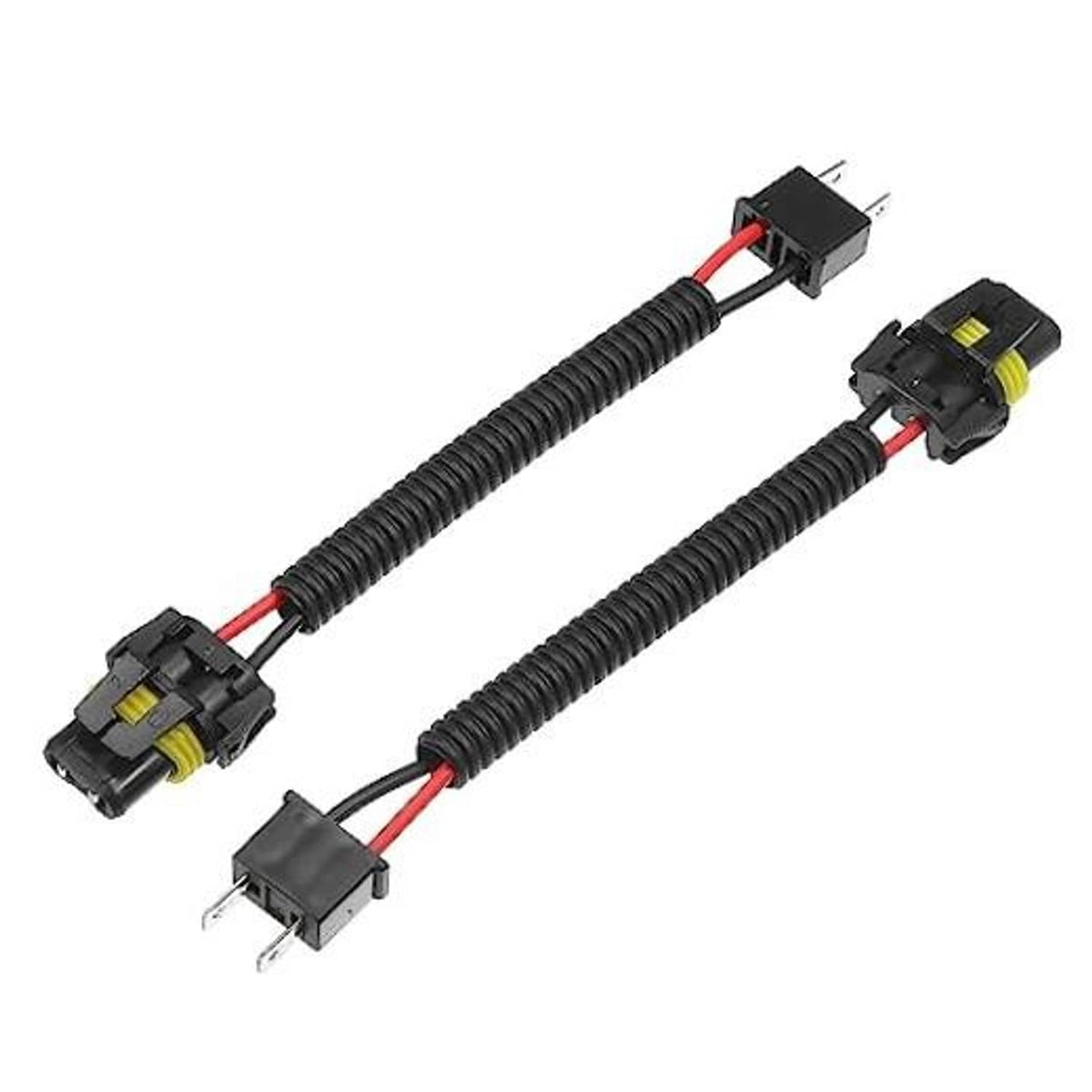 Pair of headlight and fog light extension wire harnesses with black cables and red wire leads