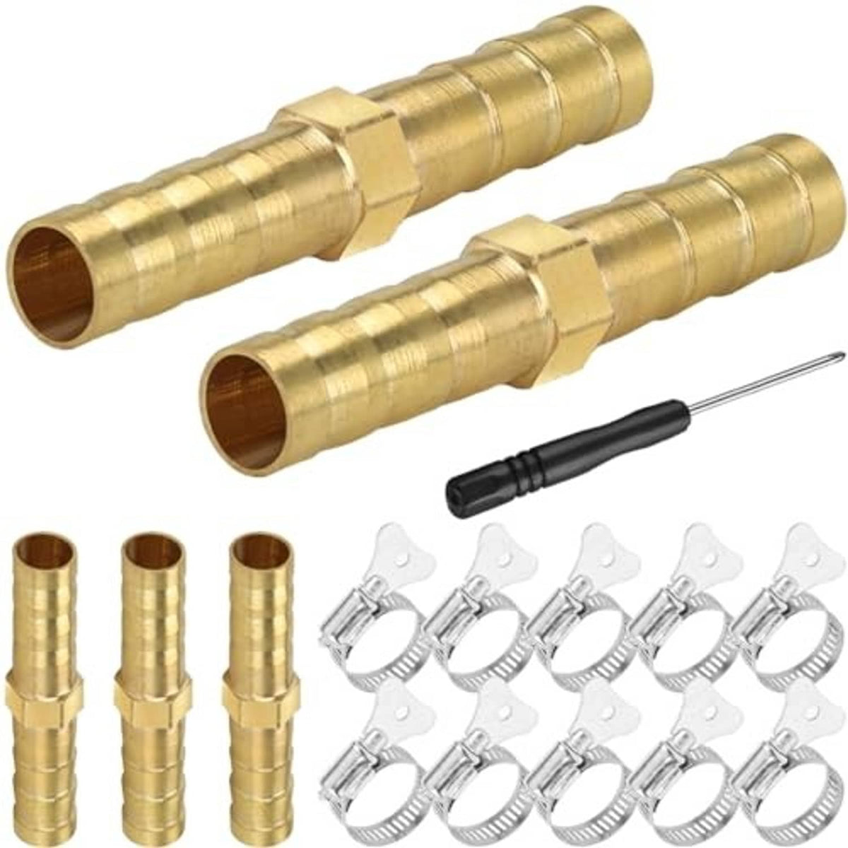 Brass barbed hose connector pair with hose clamps and insertion tool