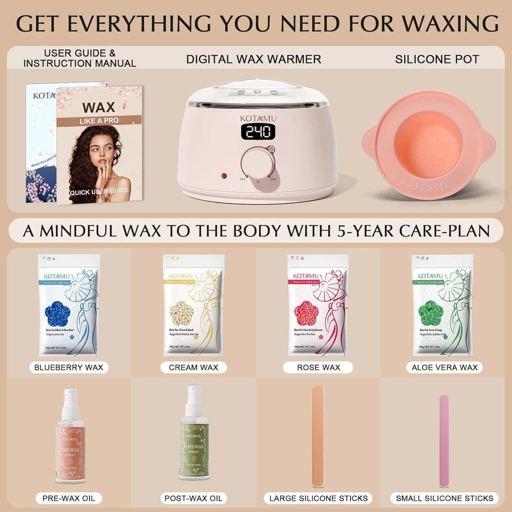 Waxing starter kit layout with digital wax warmer, silicone pot, waxes, and oil bottles