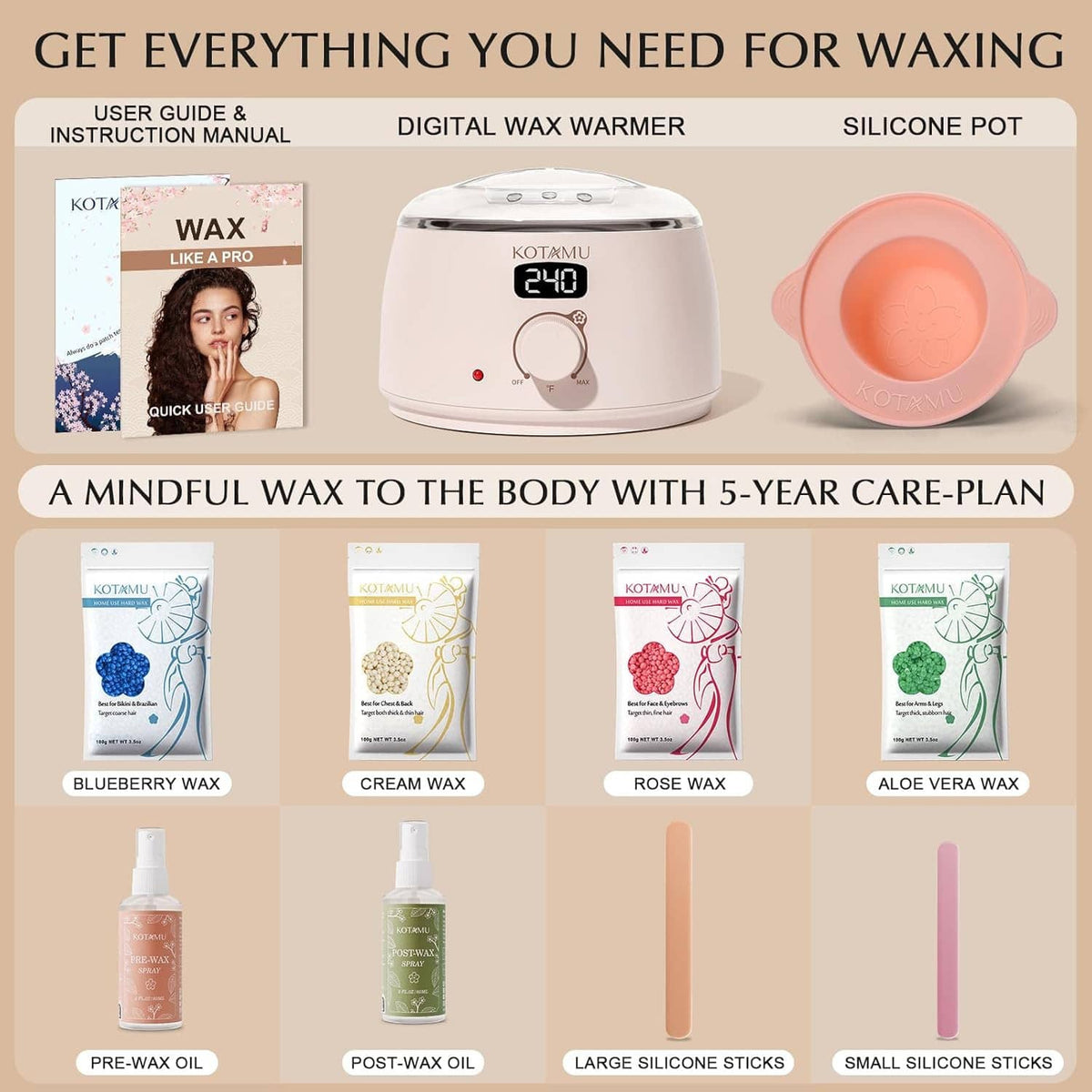 Waxing starter kit layout with digital wax warmer, silicone pot, waxes, and oil bottles