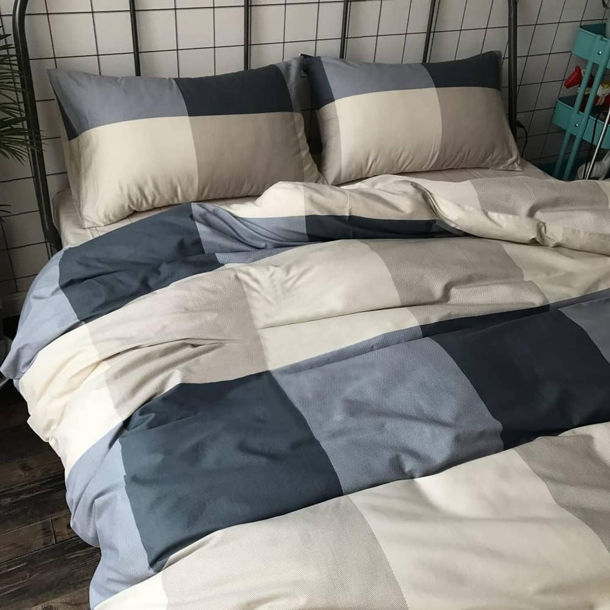 Comforter set with navy and white buffalo check duvet and pillow shams