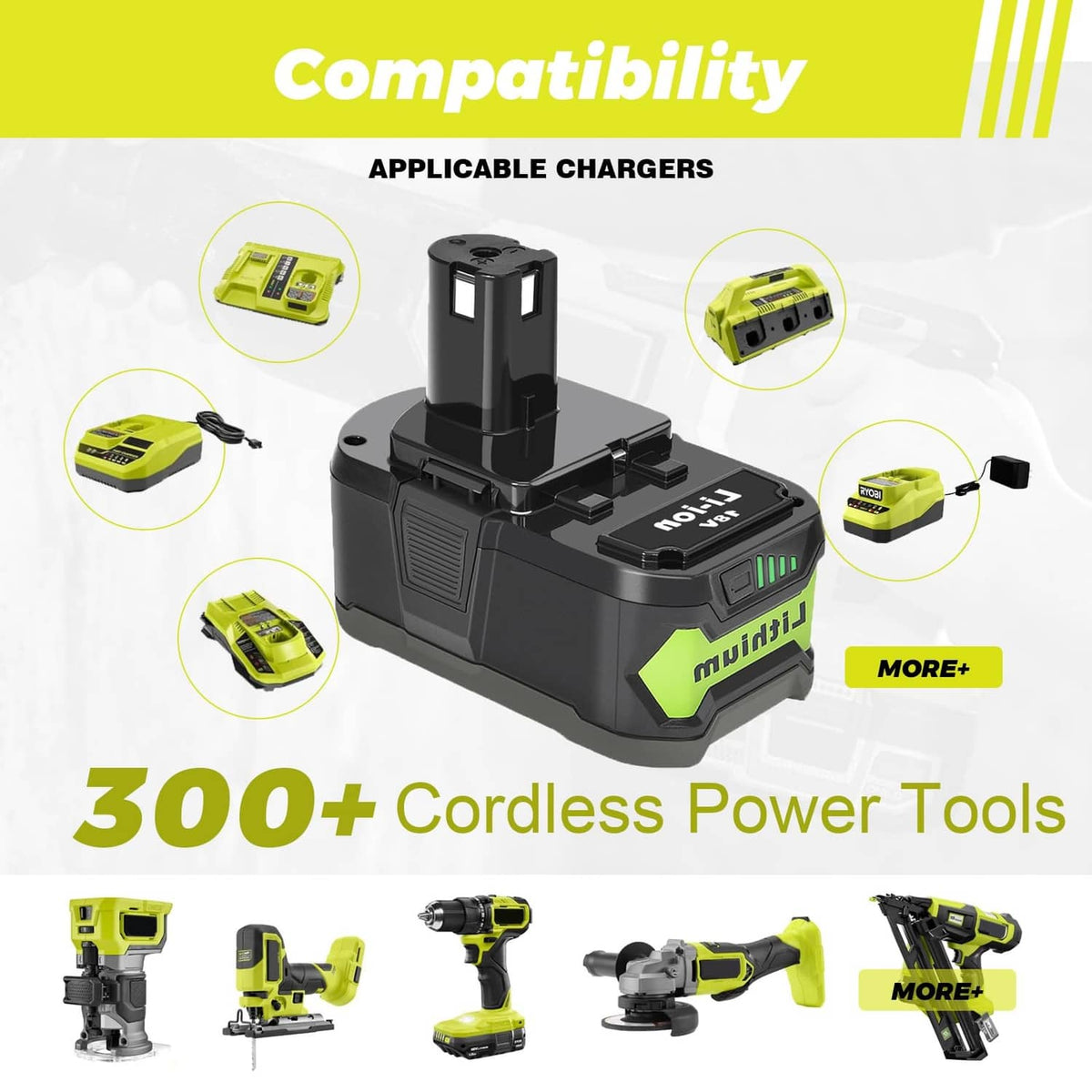 Black double battery pack base with two top terminals and green LED indicator bars