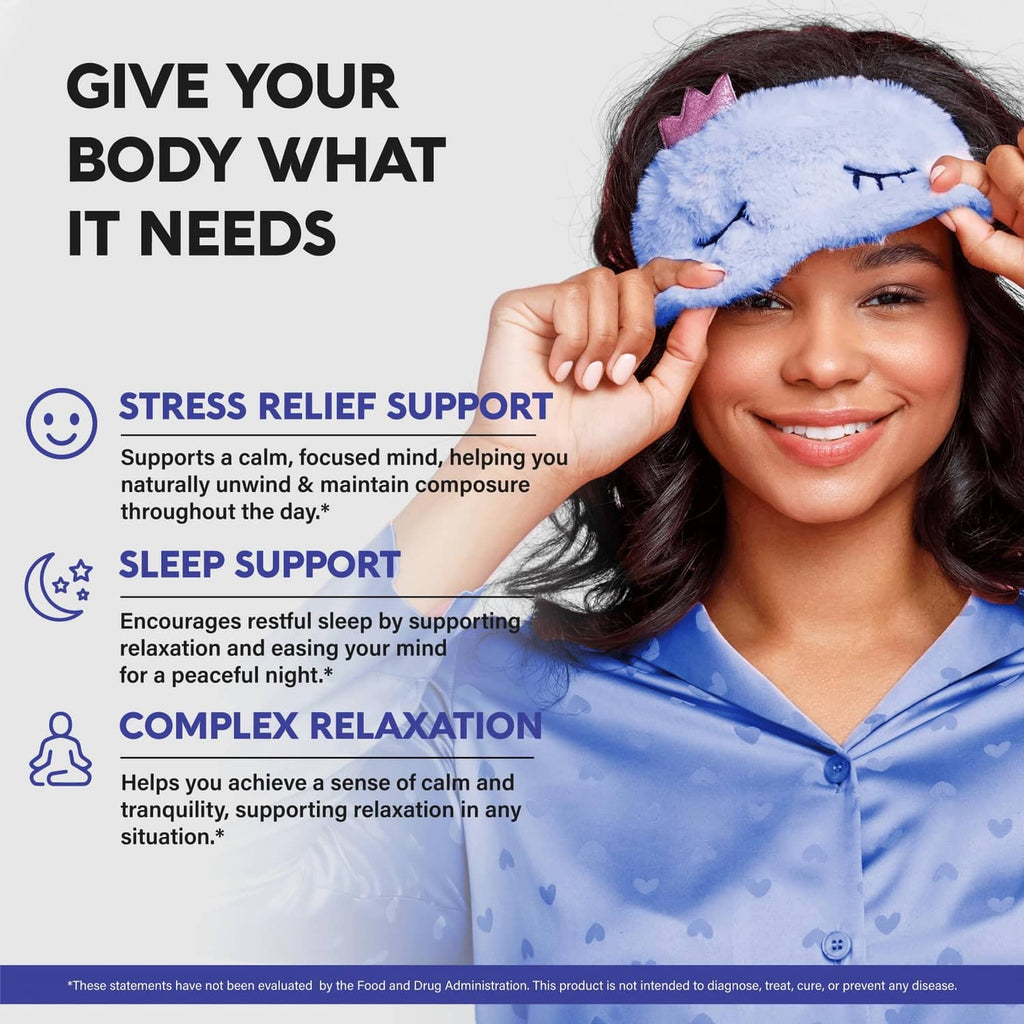 Woman holding a blue sleep mask while promoting L-theanine stress and sleep support