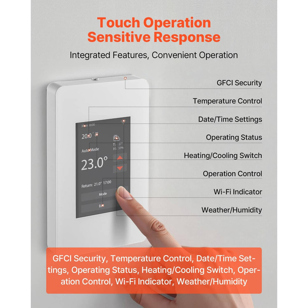White touch thermostat with icons for temperature control, Wi‑Fi, and operating status