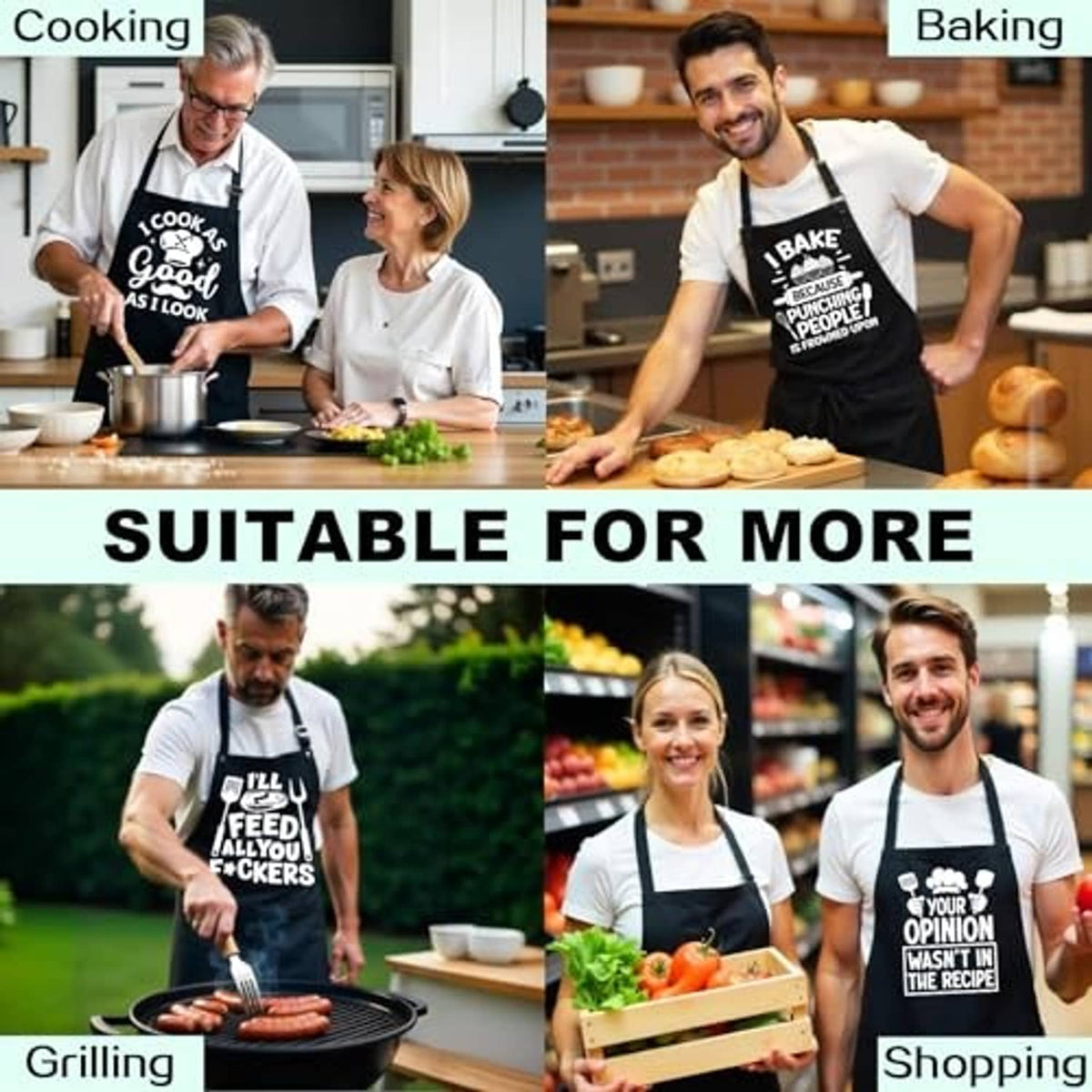 Black apron featured for cooking, baking, grilling, and shopping use