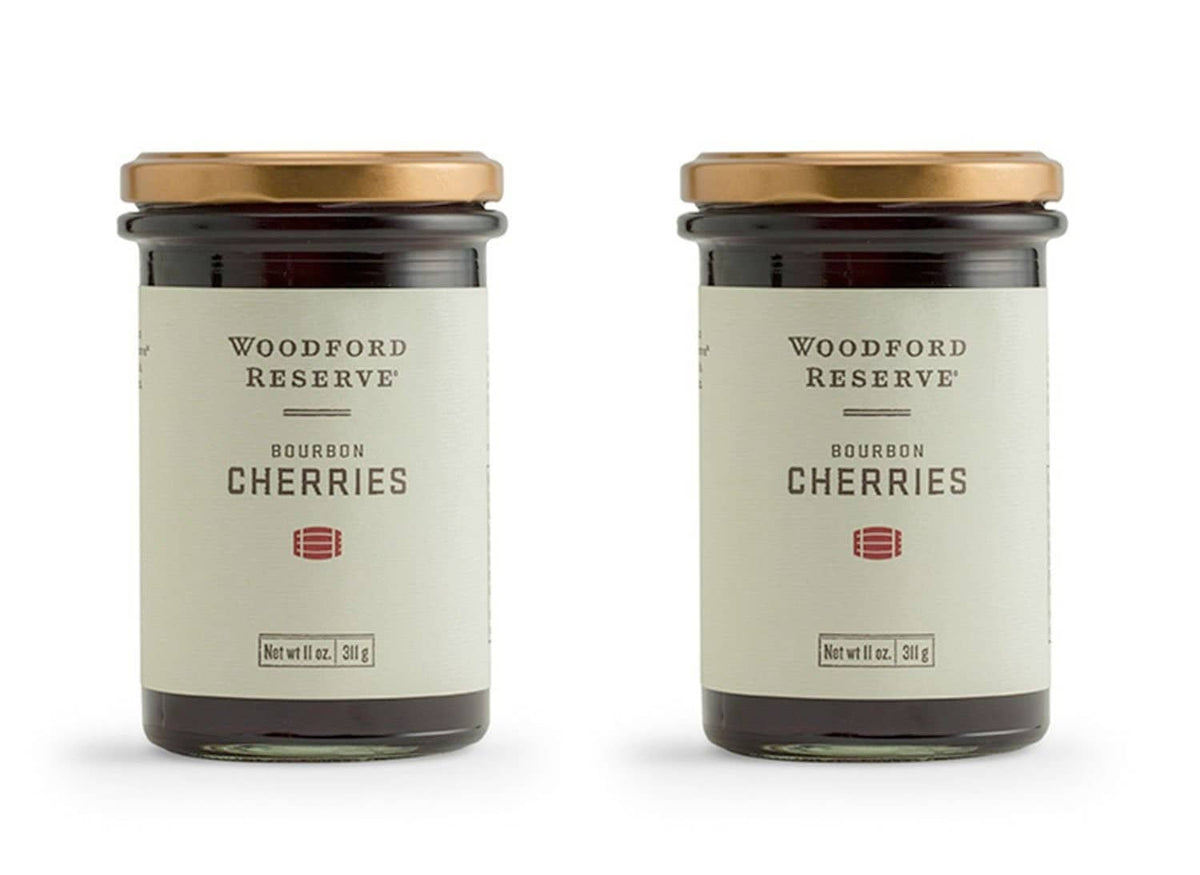 Woodford Reserve bourbon barrel cherries jars, glass with gold lids, two pack