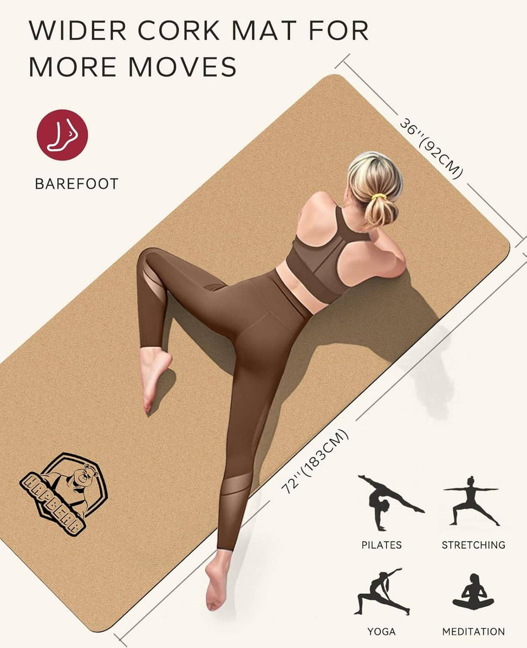 Wide cork yoga mat in tan with black non-slip base, with size outline and workout icons