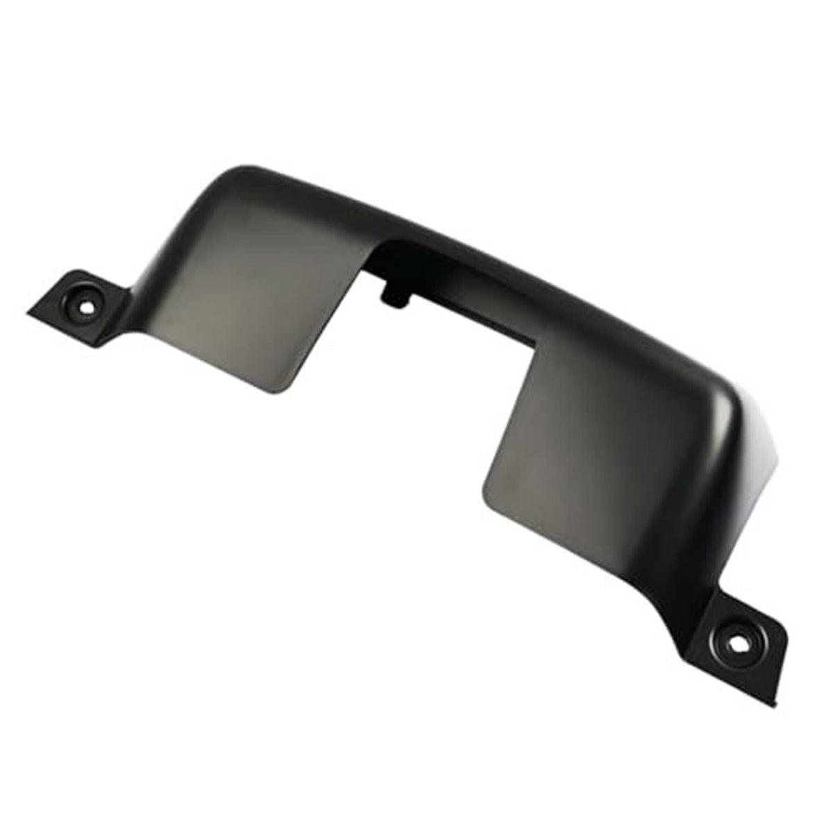 Black trailer hitch cover with center opening, angled view, and mounting tabs