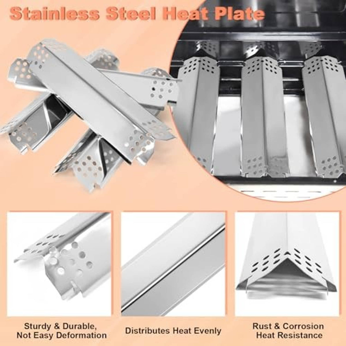 Stainless steel grill heat plate shields with perforated inserts for even heating