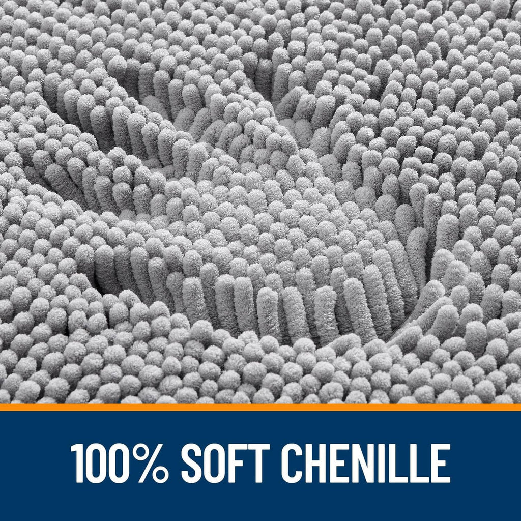 Grey chenille bathroom rug close-up, plush looped texture
