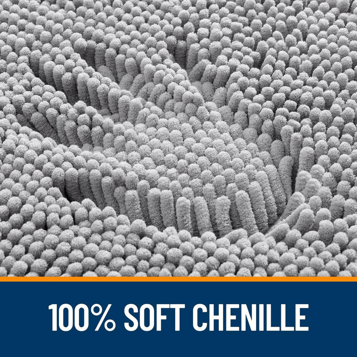 Grey chenille bathroom rug close-up, plush looped texture