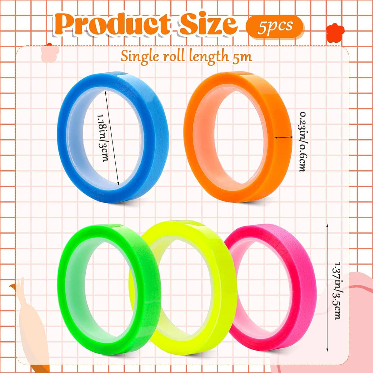 Set of translucent highlighter tape rolls in blue, orange, green, lime, pink—5 colors