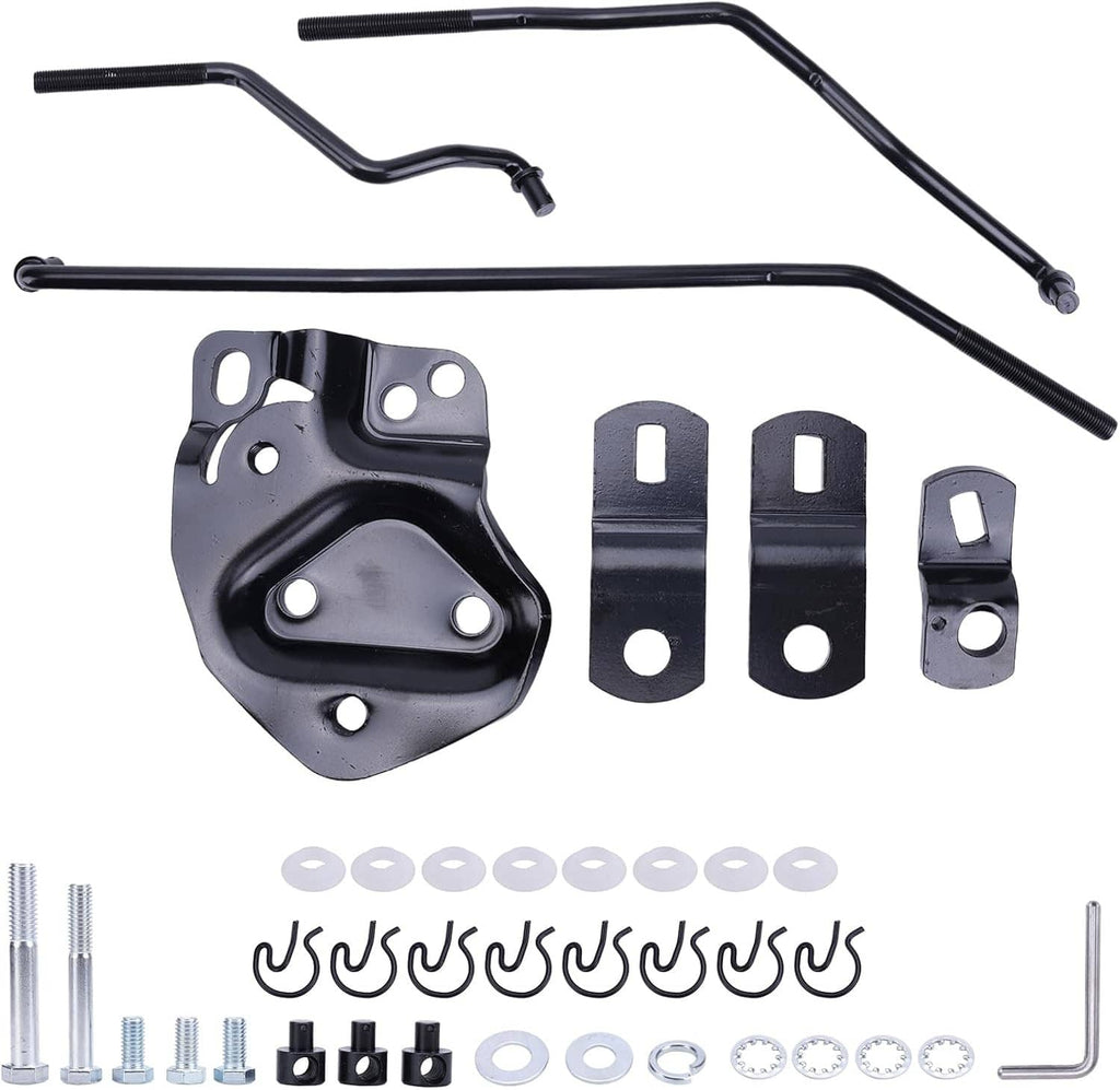 Shifter linkage kit parts: black rods, brackets, and threaded fasteners